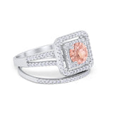 Halo 2 Piece Wedding Ring Band Set Round Simulated CZ 925 Sterling Silver