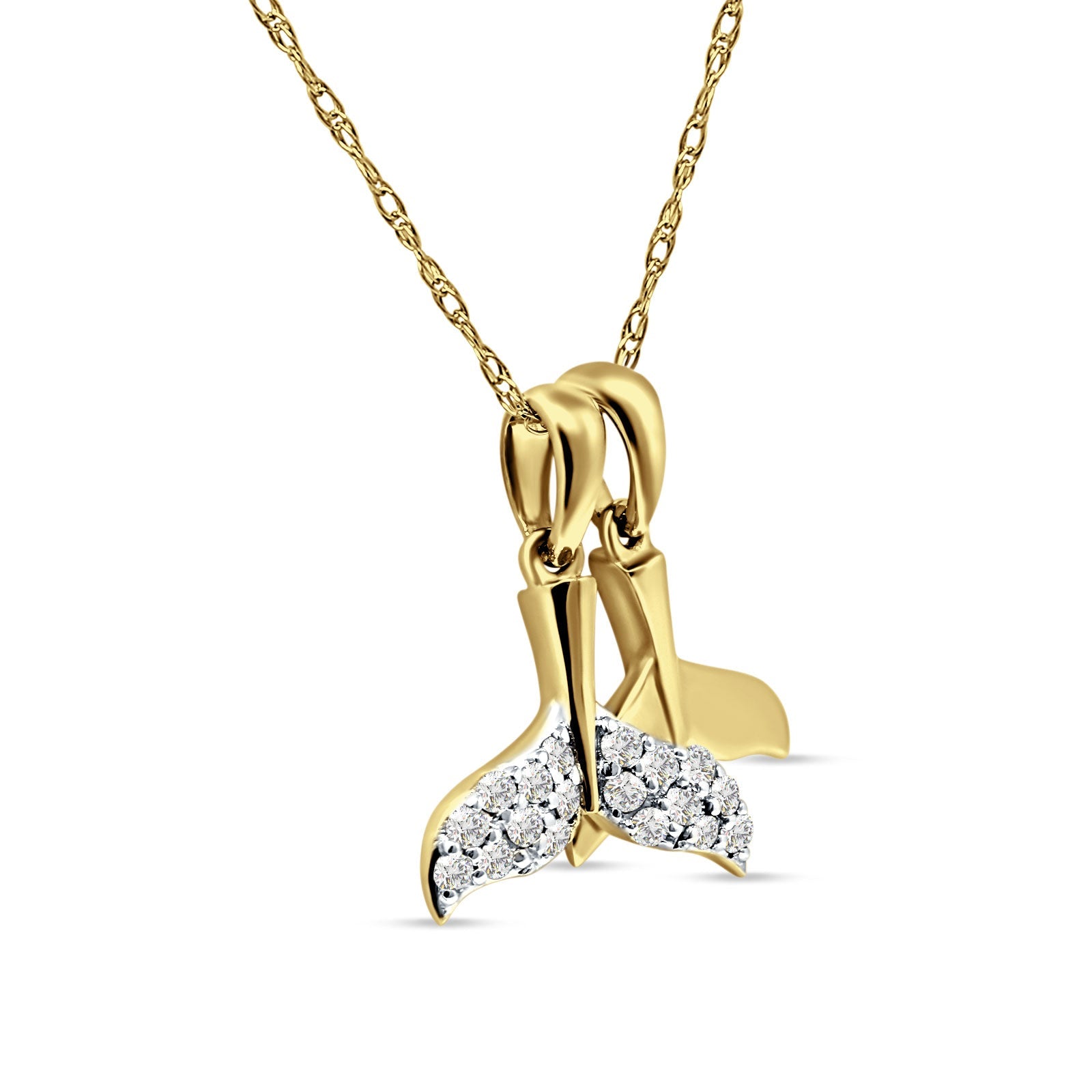 14K Gold Diamond Whale Tail Necklace With Chain 18 Inch