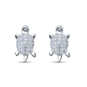 Turtle Stud Earrings Round Pave Simulated CZ 925 Sterling Silver