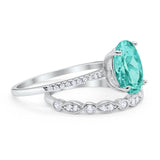 Two Piece Oval Wedding Simulated CZ Bridal Set Ring Band 925 Sterling Silver