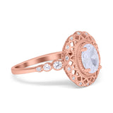 Oval Vintage Art Deco Halo Wedding Engagement Bridal Ring Round Simulated Cubic Zirconia 925 Sterling Silver