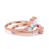 Two Piece Bridal Set Marquise Art Deco Wedding Engagement Ring Set Round Simulated Cubic Zirconia & Lab White Opal Band 925 Sterling Silver