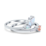 Two Piece Bridal Set Marquise Art Deco Wedding Engagement Ring Set Round Simulated Cubic Zirconia & Lab White Opal Band 925 Sterling Silver