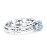 Three Stone Two Piece Bridal Round Beaded Natural Aquamarine Engagement Ring