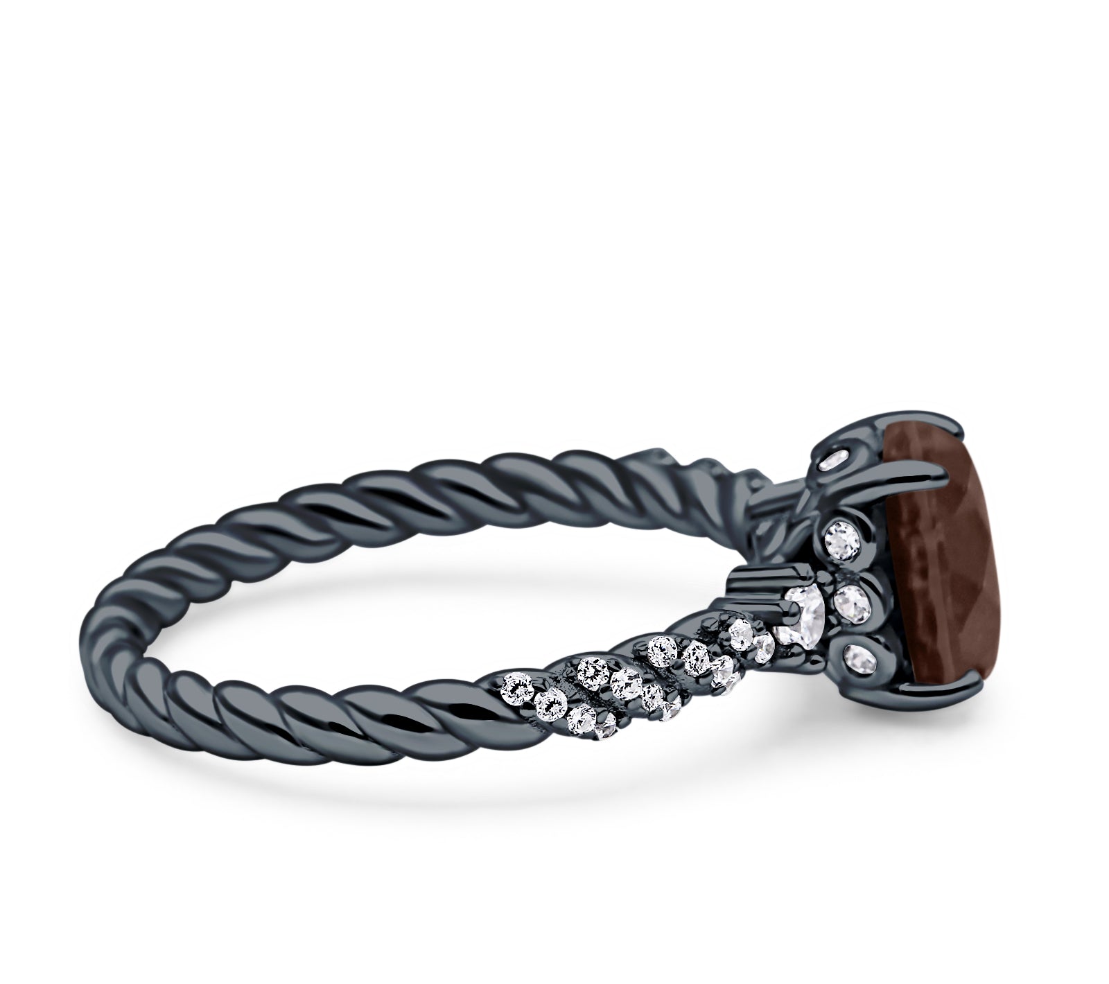 Hidden Halo Twisted Rope Oval Natural Chocolate Brown Smoky Quartz Engagement Ring