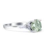 Round Natural Green Amethyst Prasiolite Vintage Style Ring Baguette 925 Sterling Silver