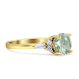 Round Natural Green Amethyst Prasiolite Vintage Style Ring Baguette 925 Sterling Silver