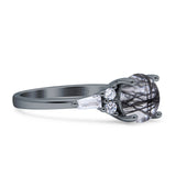 Round Natural Rutilated Quartz Vintage Style Ring Baguette 925 Sterling Silver