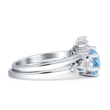 Two Piece Round Natural Aquamarine Vintage Style Bridal Engagement Ring 925 Sterling Silver