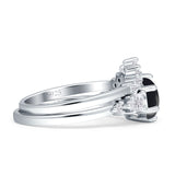 Two Piece Round Natural Black Onyx Vintage Style Bridal Engagement Ring 925 Sterling Silver