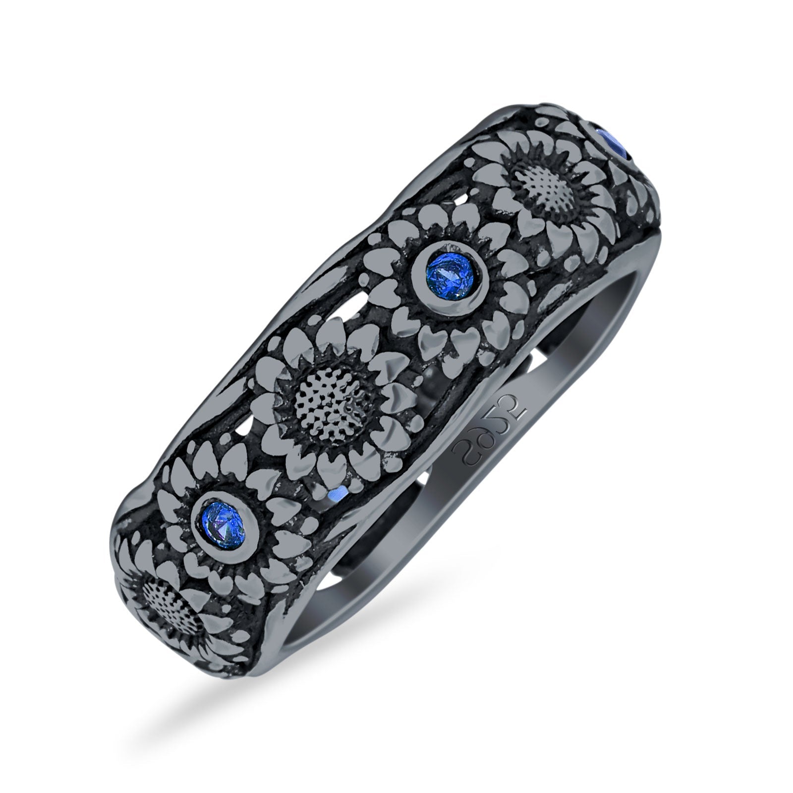 925 Sterling Silver Sunflower Ring Oxidized Cubic Zirconia
