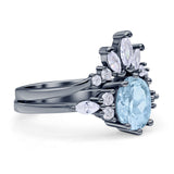 Art Deco Oval Natural Aquamarine Engagement Ring Bridal Set