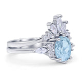 Art Deco Oval Natural Aquamarine Engagement Ring Bridal Set