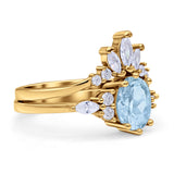 Art Deco Oval Natural Aquamarine Engagement Ring Bridal Set