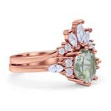 Art Deco Oval Natural Green Amethyst Engagement Ring Bridal Set