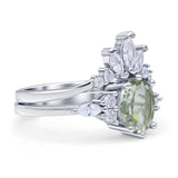 Art Deco Oval Natural Green Amethyst Engagement Ring Bridal Set