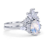 Art Deco Oval Natural Moonstone Engagement Ring Bridal Set