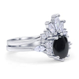 Art Deco Oval Natural Black Onyx Engagement Ring Bridal Set