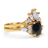 Art Deco Oval Natural Black Onyx Engagement Ring Bridal Set