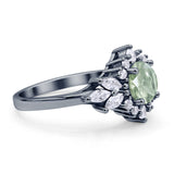 Art Deco Round Natural Green Amethyst Engagement Ring With CZ Accents