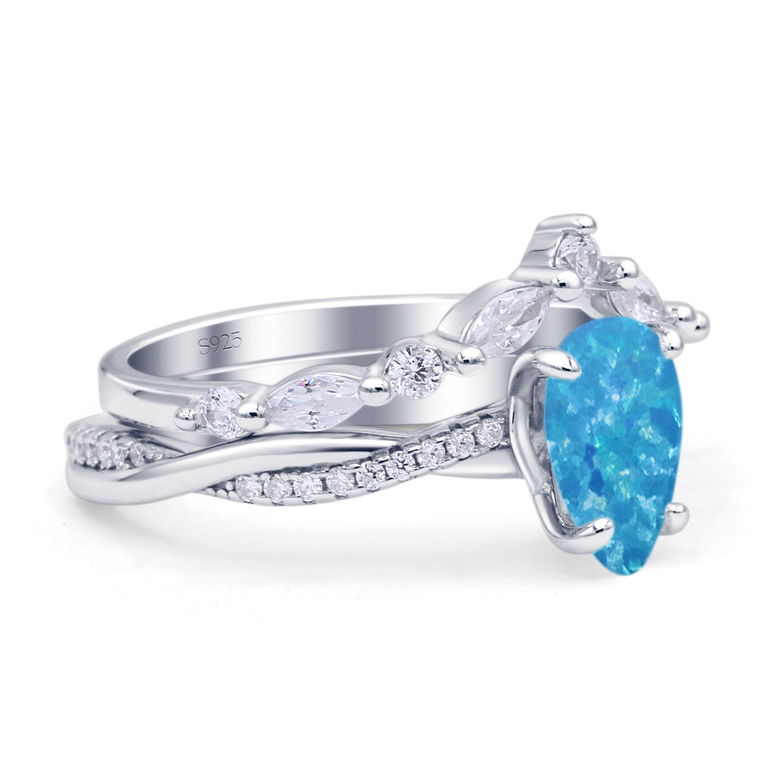 Clear CZ Blue Simulated Opal Infinity Ring - .925 Sterling Silver Band, Size 6