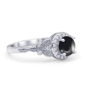 Halo Vintage Style Round Natural Black Onyx Engagement Ring