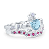 Claddagh Accent Heart Wedding Engagement Bridal Set Piece Ring Band Round Ruby Simulated Cubic Zirconia 925 Sterling Silver