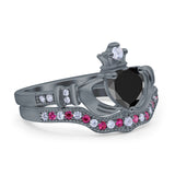 Claddagh Accent Heart Wedding Engagement Bridal Set Piece Ring Band Round Ruby Simulated Cubic Zirconia 925 Sterling Silver