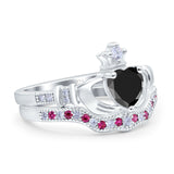 Claddagh Accent Heart Wedding Engagement Bridal Set Piece Ring Band Round Ruby Simulated Cubic Zirconia 925 Sterling Silver