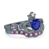 Claddagh Accent Heart Wedding Engagement Bridal Set Piece Ring Band Round Ruby Simulated Cubic Zirconia 925 Sterling Silver