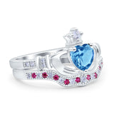 Claddagh Accent Heart Wedding Engagement Bridal Set Piece Ring Band Round Ruby Simulated Cubic Zirconia 925 Sterling Silver
