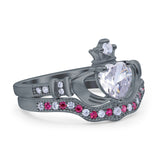 Claddagh Accent Heart Wedding Engagement Bridal Set Piece Ring Band Round Ruby Simulated Cubic Zirconia 925 Sterling Silver