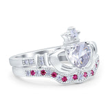 Claddagh Accent Heart Wedding Engagement Bridal Set Piece Ring Band Round Ruby Simulated Cubic Zirconia 925 Sterling Silver