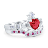 Claddagh Accent Heart Wedding Engagement Bridal Set Piece Ring Band Round Ruby Simulated Cubic Zirconia 925 Sterling Silver