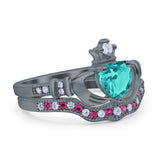 Claddagh Accent Heart Wedding Engagement Bridal Set Piece Ring Band Round Ruby Simulated Cubic Zirconia 925 Sterling Silver
