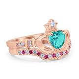 Claddagh Accent Heart Wedding Engagement Bridal Set Piece Ring Band Round Ruby Simulated Cubic Zirconia 925 Sterling Silver