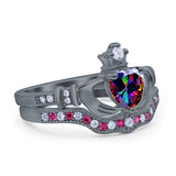 Claddagh Accent Heart Wedding Engagement Bridal Set Piece Ring Band Round Ruby Simulated Cubic Zirconia 925 Sterling Silver