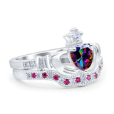 Claddagh Accent Heart Wedding Engagement Bridal Set Piece Ring Band Round Ruby Simulated Cubic Zirconia 925 Sterling Silver