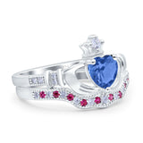 Claddagh Accent Heart Wedding Engagement Bridal Set Piece Ring Band Round Ruby Simulated Cubic Zirconia 925 Sterling Silver
