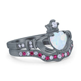 Claddagh Accent Heart Wedding Engagement Bridal Set Piece Ring Band Round Ruby Simulated Cubic Zirconia 925 Sterling Silver