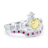 Claddagh Accent Heart Wedding Engagement Bridal Set Piece Ring Band Round Ruby Simulated Cubic Zirconia 925 Sterling Silver