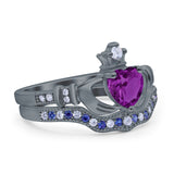 Claddagh Accent Heart Wedding Bridal Set Piece Ring Band Round Blue Sapphire Simulated Cubic Zirconia 925 Sterling Silver