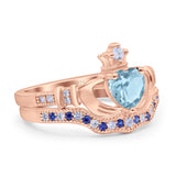 Claddagh Accent Heart Wedding Bridal Set Piece Ring Band Round Blue Sapphire Simulated Cubic Zirconia 925 Sterling Silver