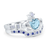 Claddagh Accent Heart Wedding Bridal Set Piece Ring Band Round Blue Sapphire Simulated Cubic Zirconia 925 Sterling Silver