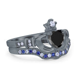 Claddagh Accent Heart Wedding Bridal Set Piece Ring Band Round Blue Sapphire Simulated Cubic Zirconia 925 Sterling Silver