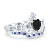 Claddagh Accent Heart Wedding Bridal Set Piece Ring Band Round Blue Sapphire Simulated Cubic Zirconia 925 Sterling Silver