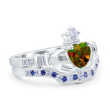 Claddagh Accent Heart Wedding Bridal Set Piece Ring Band Round Blue Sapphire Simulated Cubic Zirconia 925 Sterling Silver