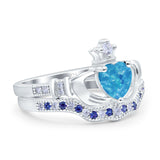 Claddagh Accent Heart Wedding Bridal Set Piece Ring Band Round Blue Sapphire Simulated Cubic Zirconia 925 Sterling Silver