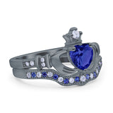 Claddagh Accent Heart Wedding Bridal Set Piece Ring Band Round Blue Sapphire Simulated Cubic Zirconia 925 Sterling Silver