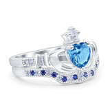 Claddagh Accent Heart Wedding Bridal Set Piece Ring Band Round Blue Sapphire Simulated Cubic Zirconia 925 Sterling Silver
